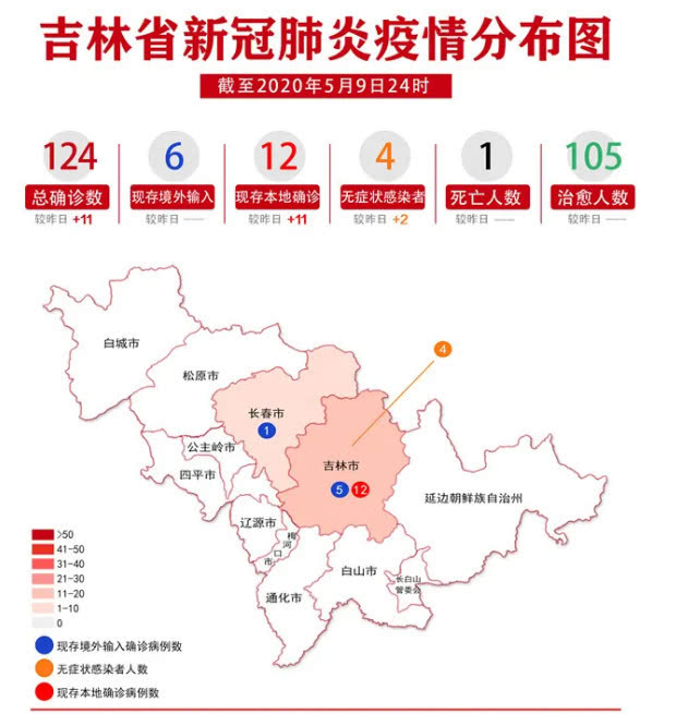 Distribution map of novel coronavirus pneumonia in Jilin Province
